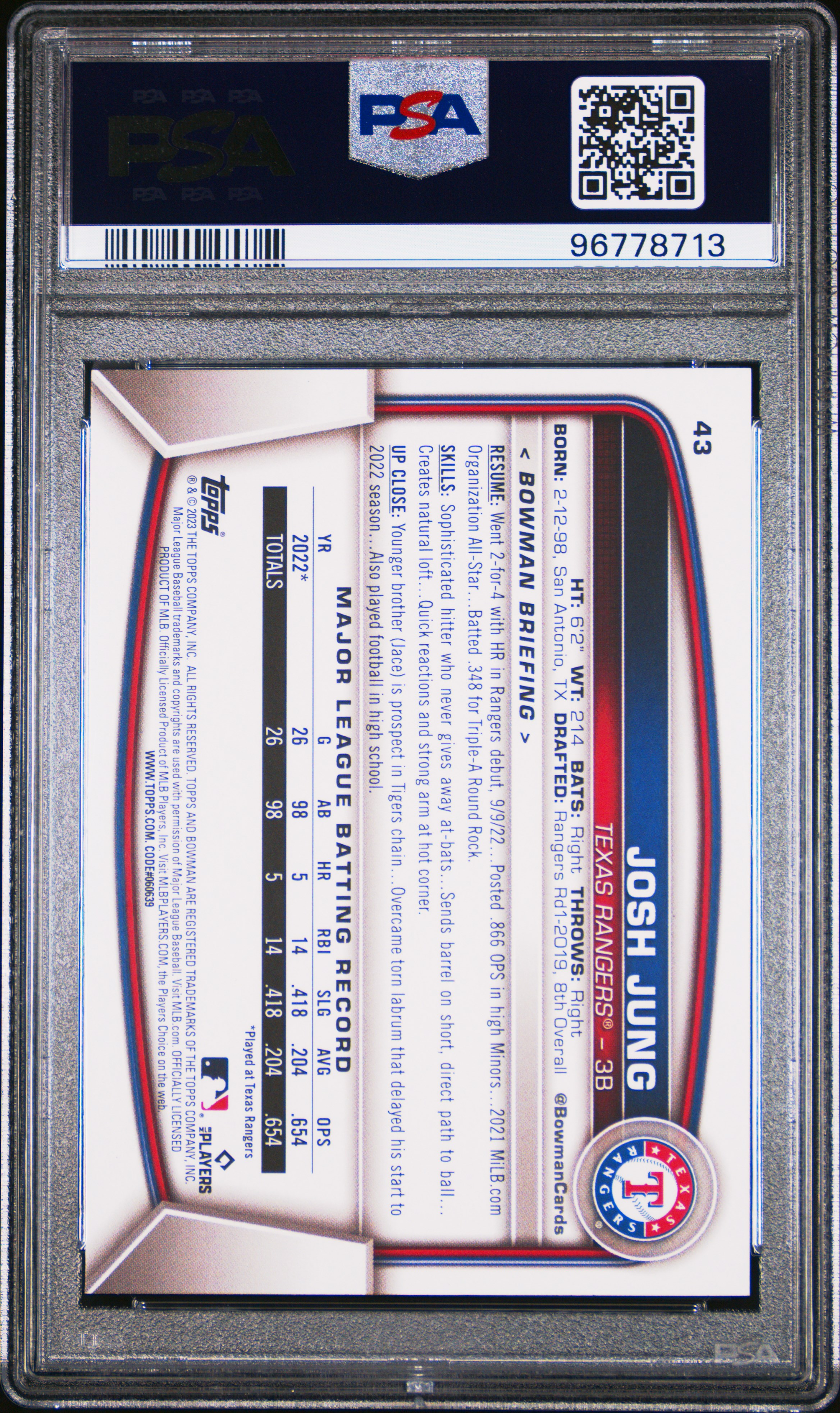 2023 Bowman Josh Jung #43 Gem Mt 10 back