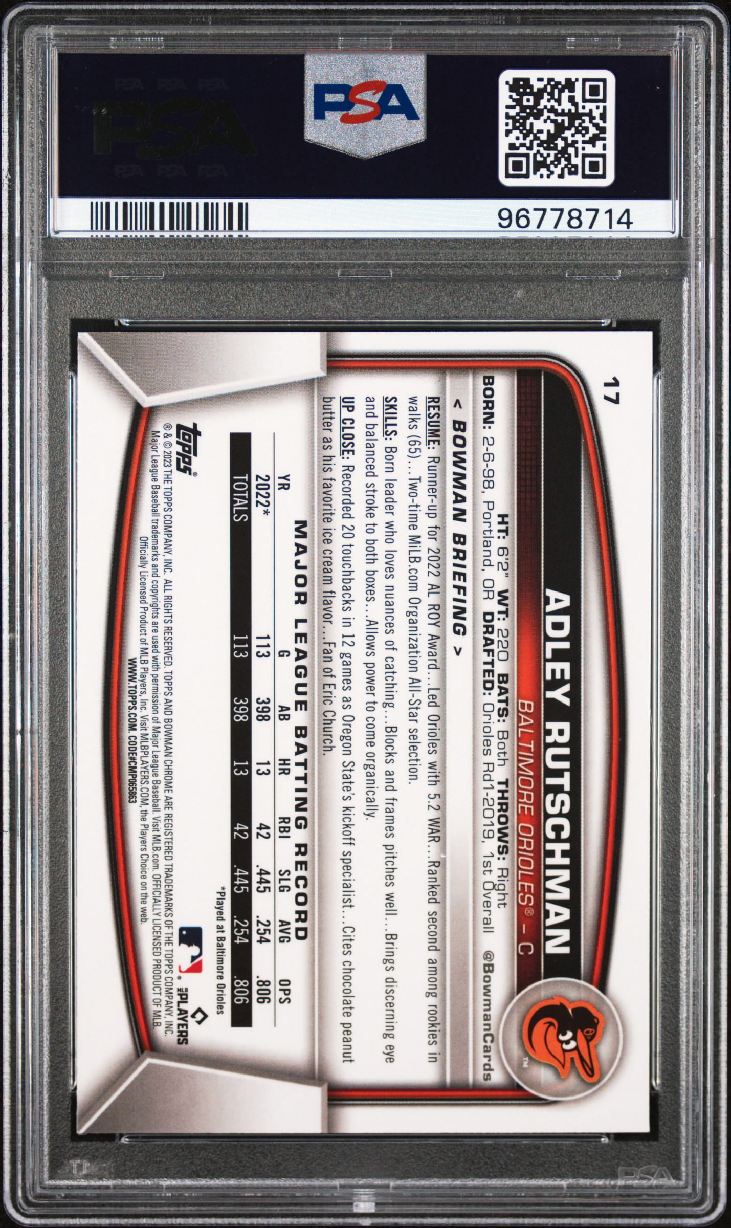 2023 Bowman Chrome Adley Rutschman #17 Gem Mt 10 back