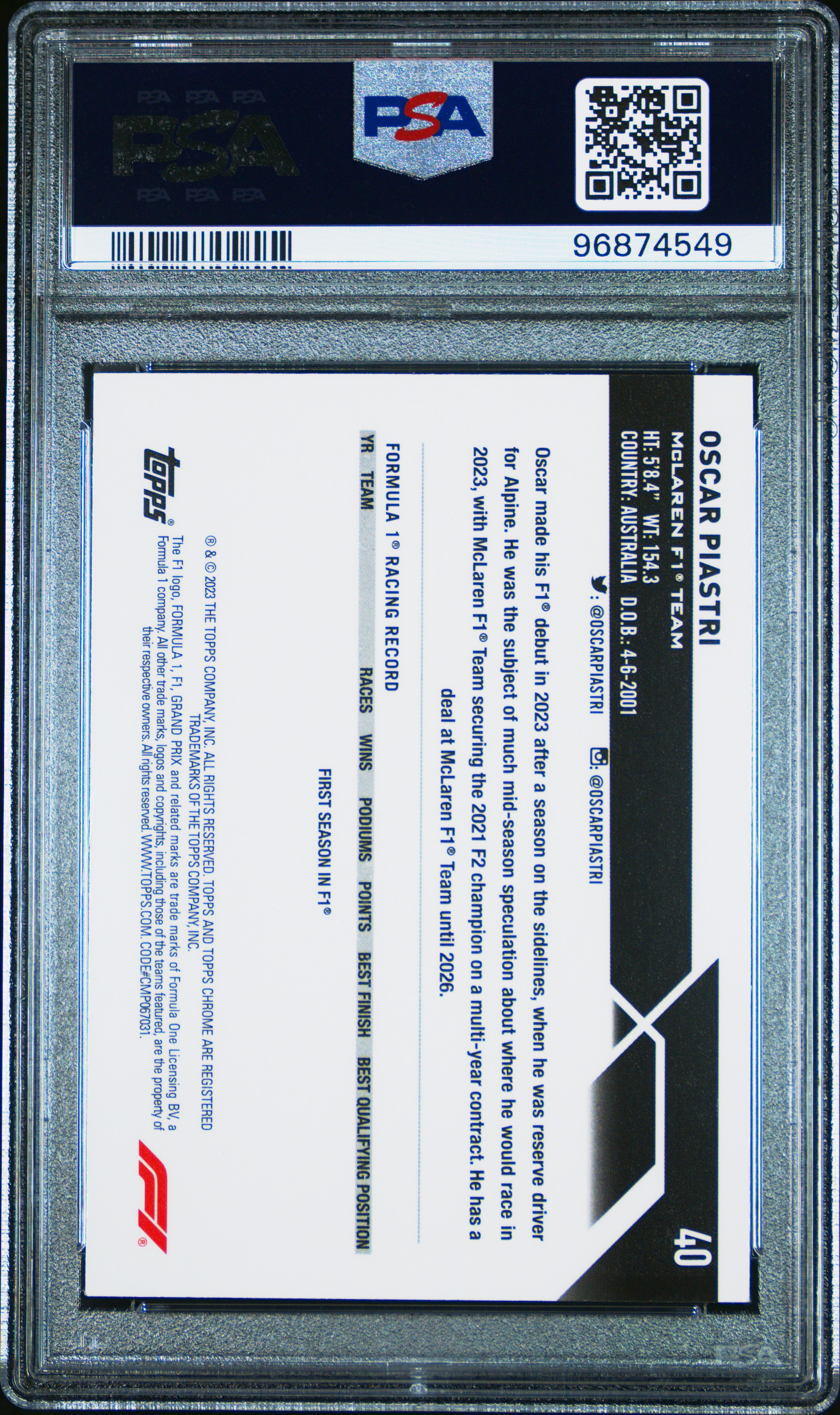 2023 Topps Chrome Formula 1 Sapphire Edition Oscar Piastri #40 Mint 9 back