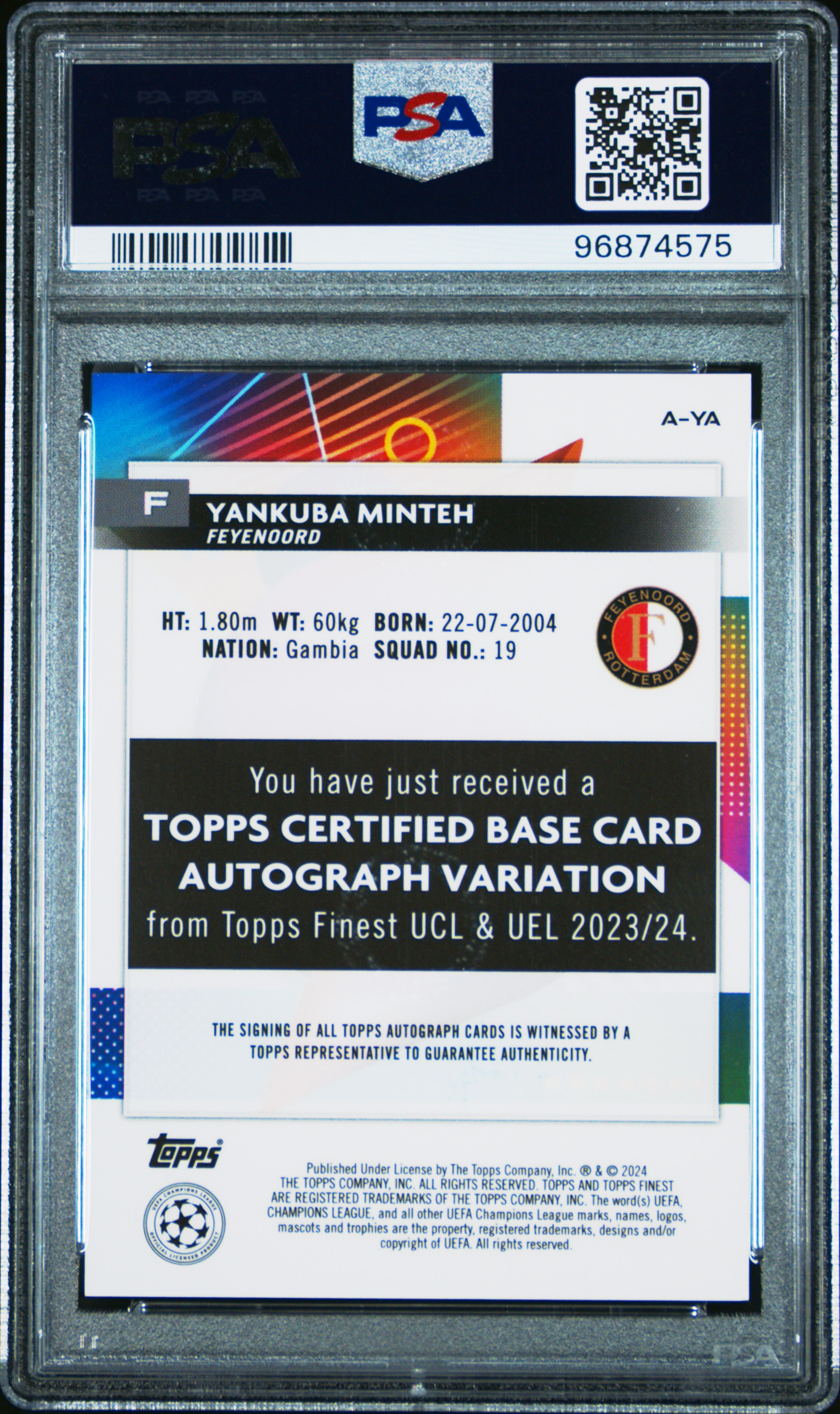 2023-24 Topps Finest Uefa Club Competitions Autographs Yankuba Minteh #Aya Gem Mt 10 back