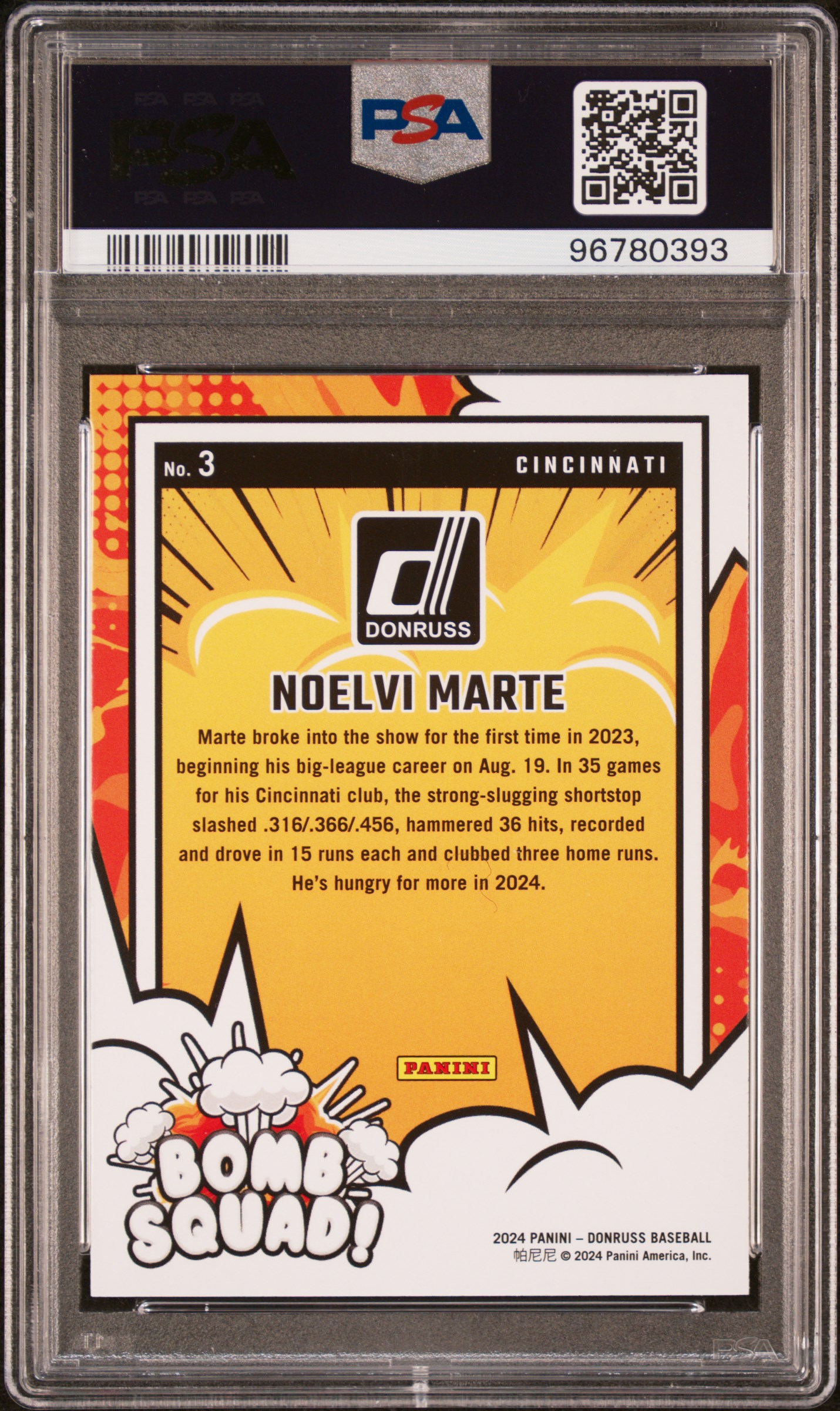 2024 Panini Donruss Bomb Squad Noelvi Marte #3 Gem Mt 10 back