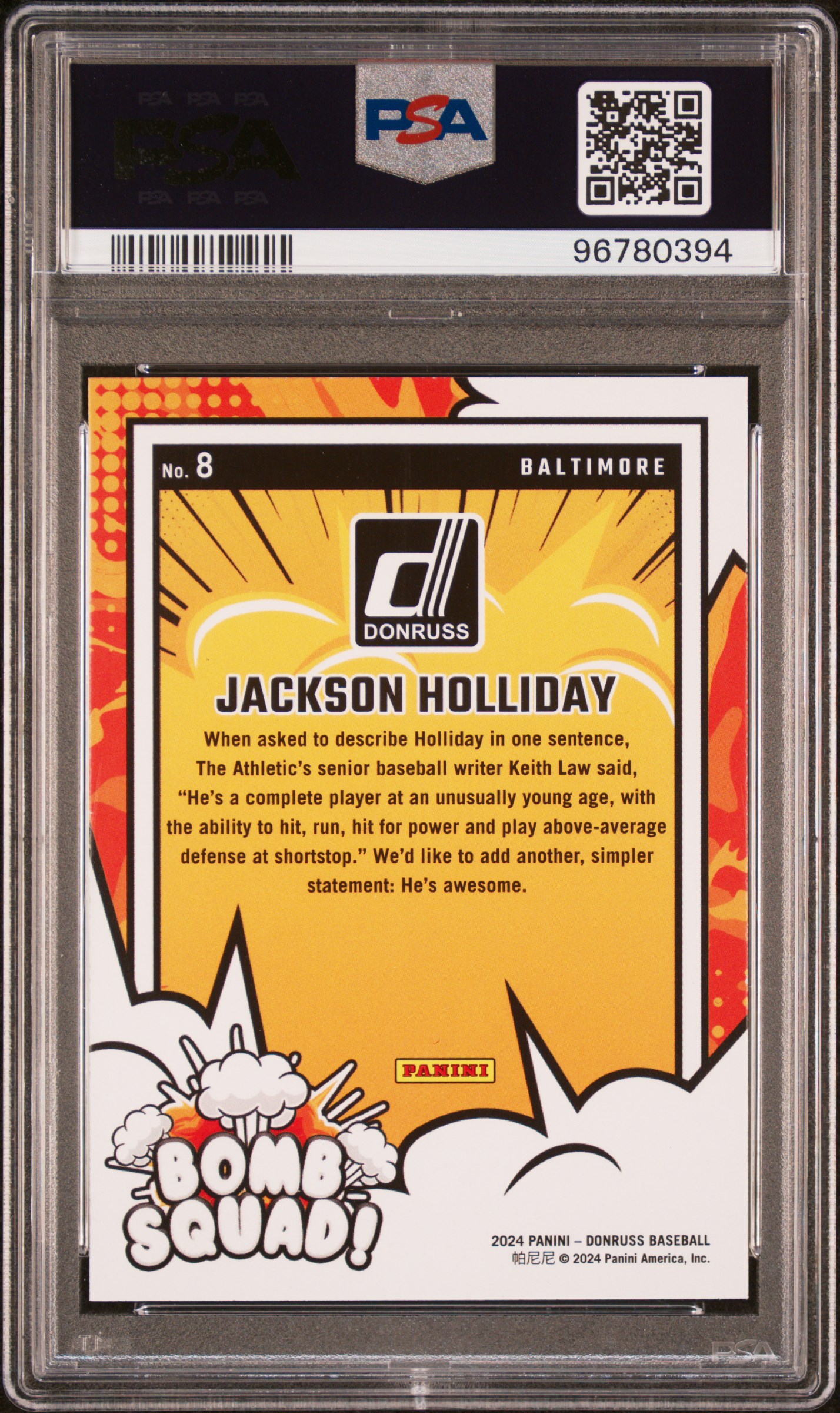 2024 Panini Donruss Bomb Squad Jackson Holliday #8 Gem Mt 10 back