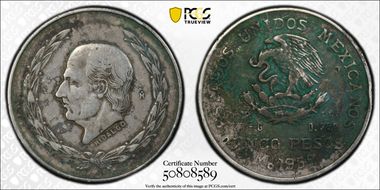 1952-Mo 5 Peso Hidalgo KM-467  Ag N1