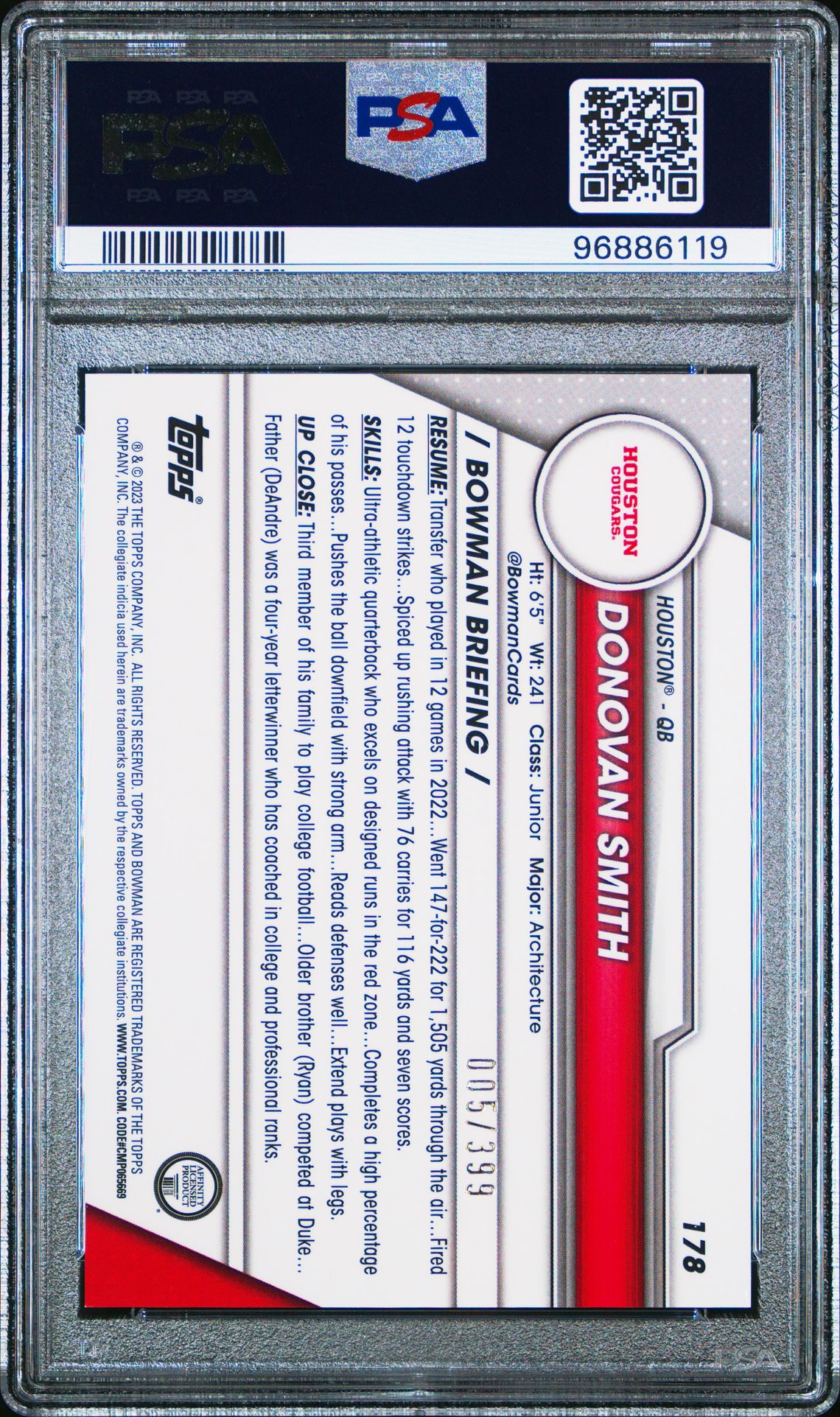 2023 Bowman University Chrome Donovan Smith #178 (Purple Mini Diamond Ref) Gem Mt 10 back