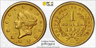 1849 G$1 D-5, Closed Wreath, Close Stars AU53