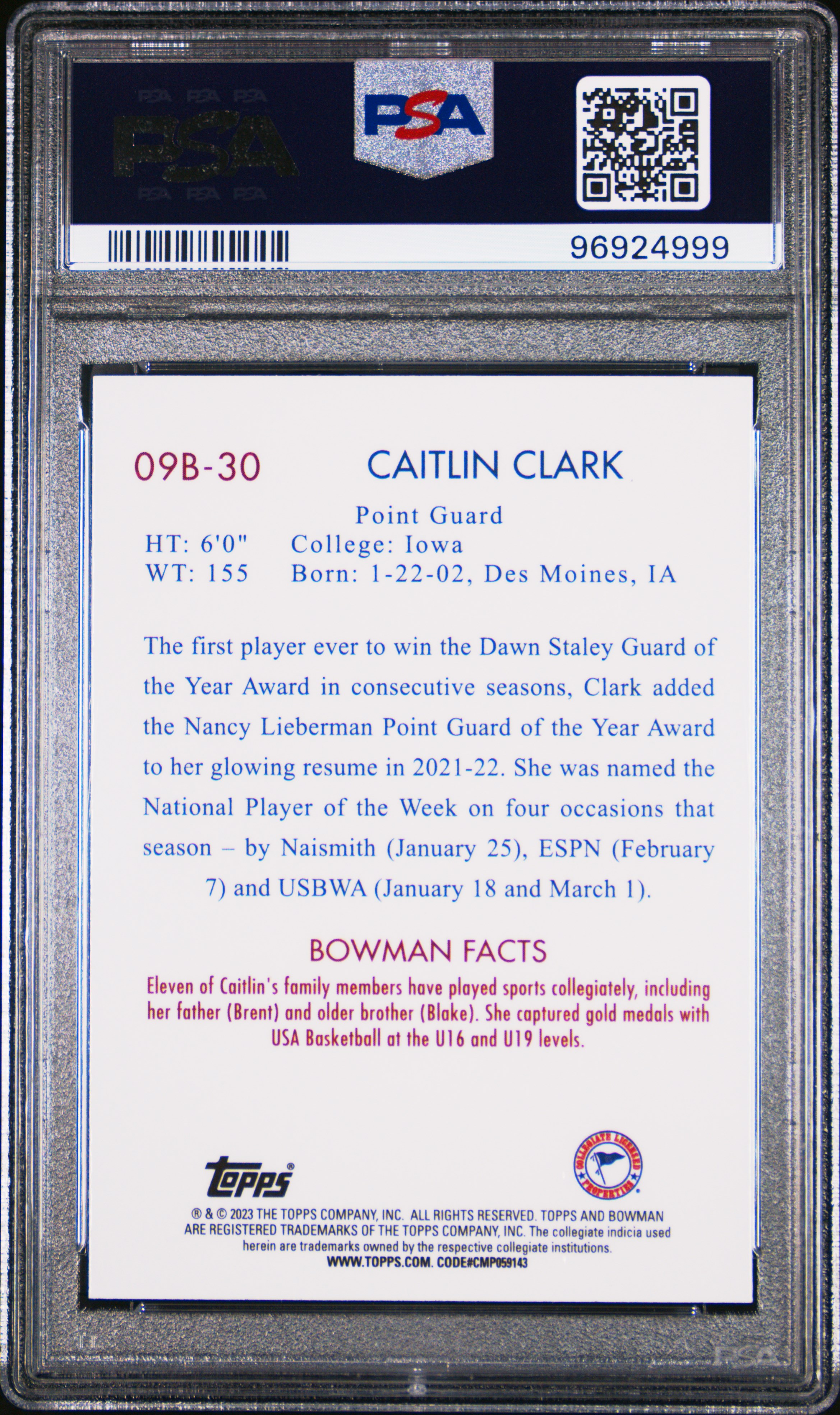 2022 Bowman Chrome University 2009 Bowman Caitlin Clark #09B30 (2009 Bowman) Mint 9 back