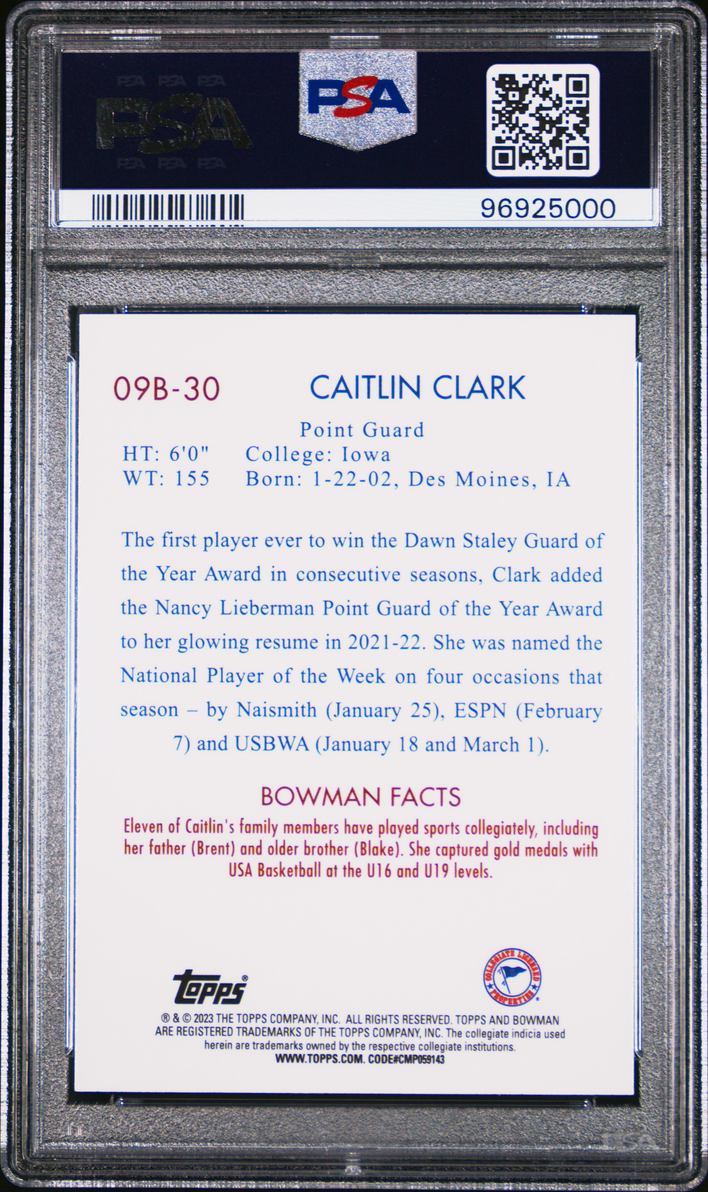 2022 Bowman Chrome University 2009 Bowman Caitlin Clark #09B30 (2009 Bowman) Mint 9 back