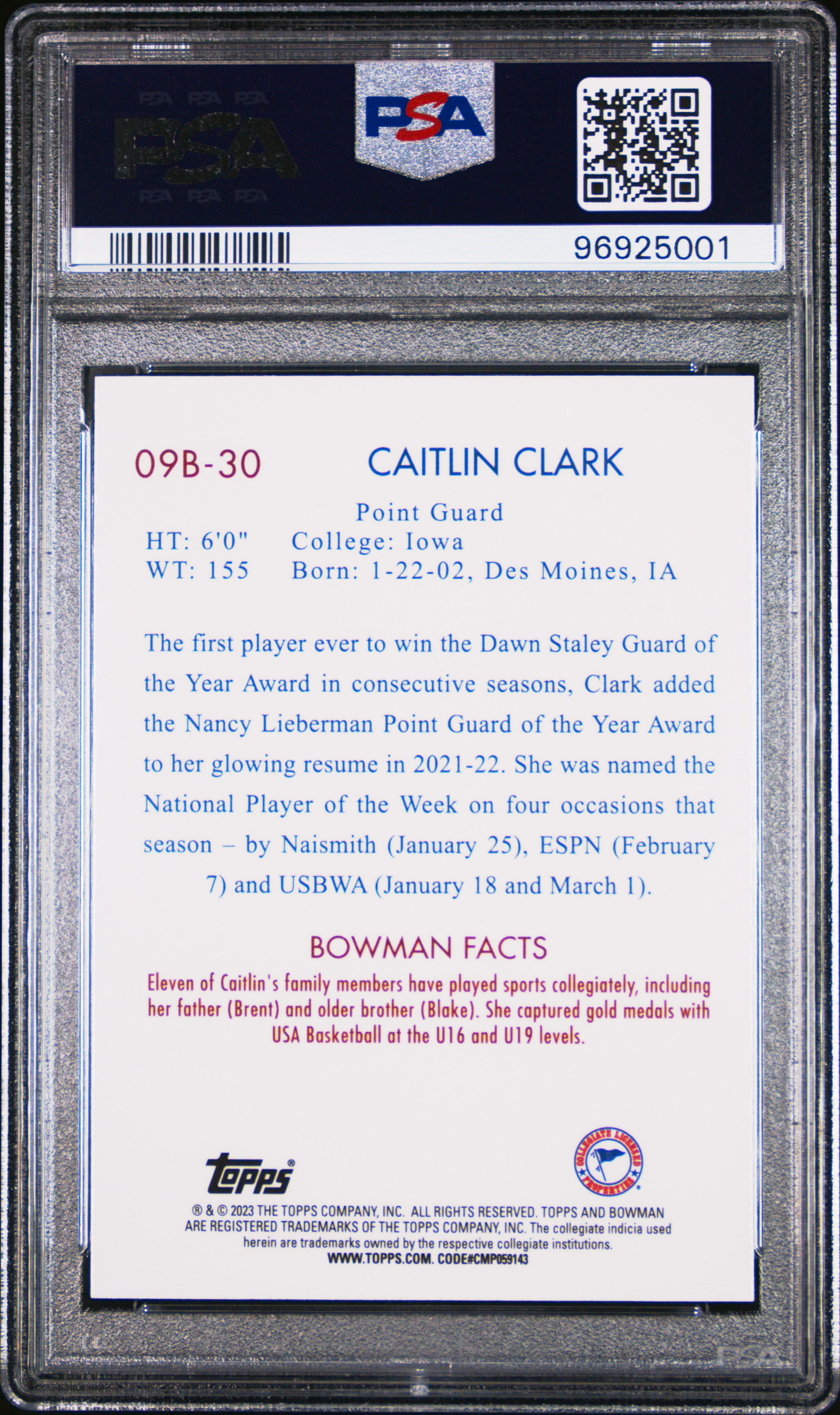 2022 Bowman Chrome University 2009 Bowman Caitlin Clark #09B30 (2009 Bowman) Mint 9 back