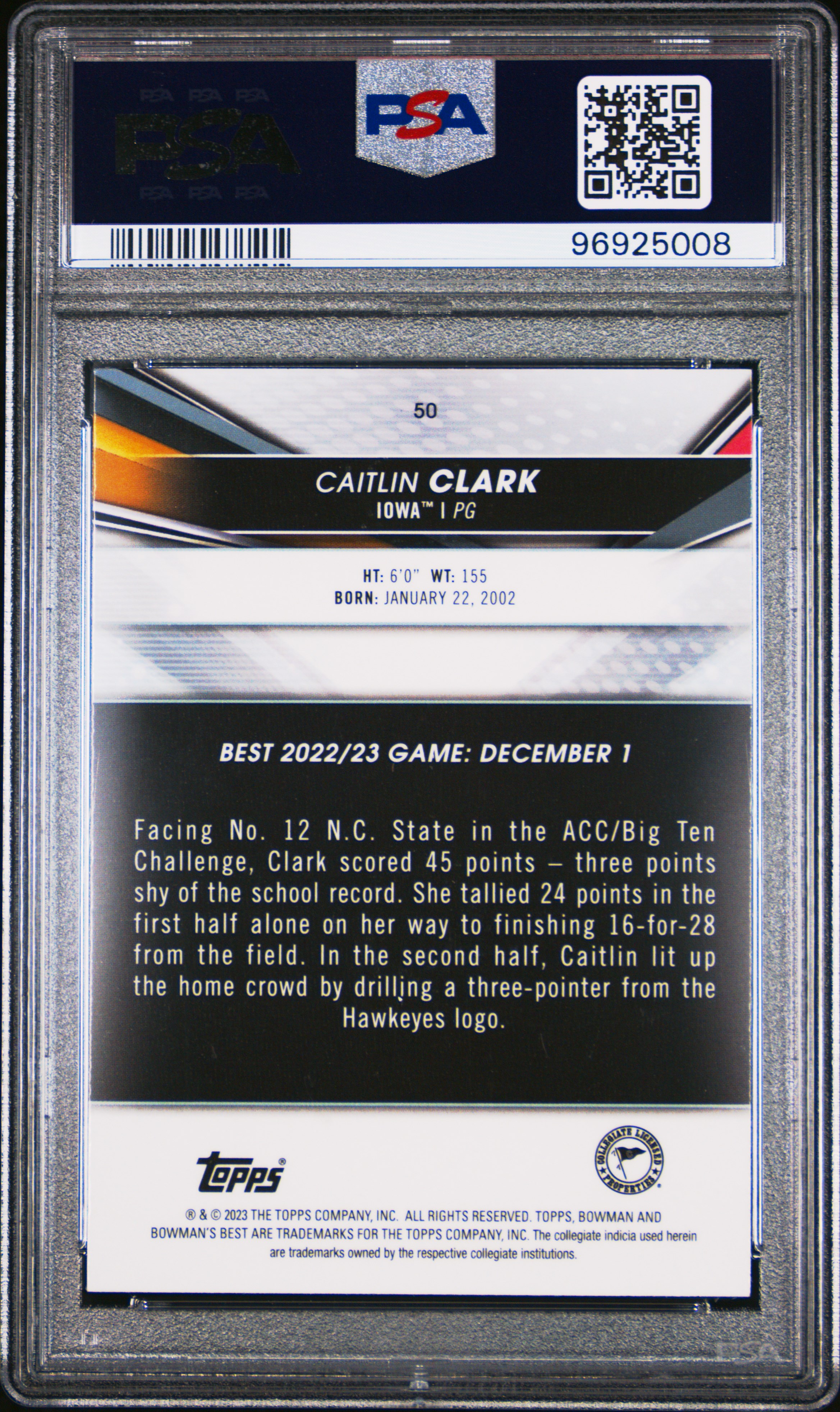 2022 Bowman University Best Caitlin Clark #50 Gem Mt 10 back