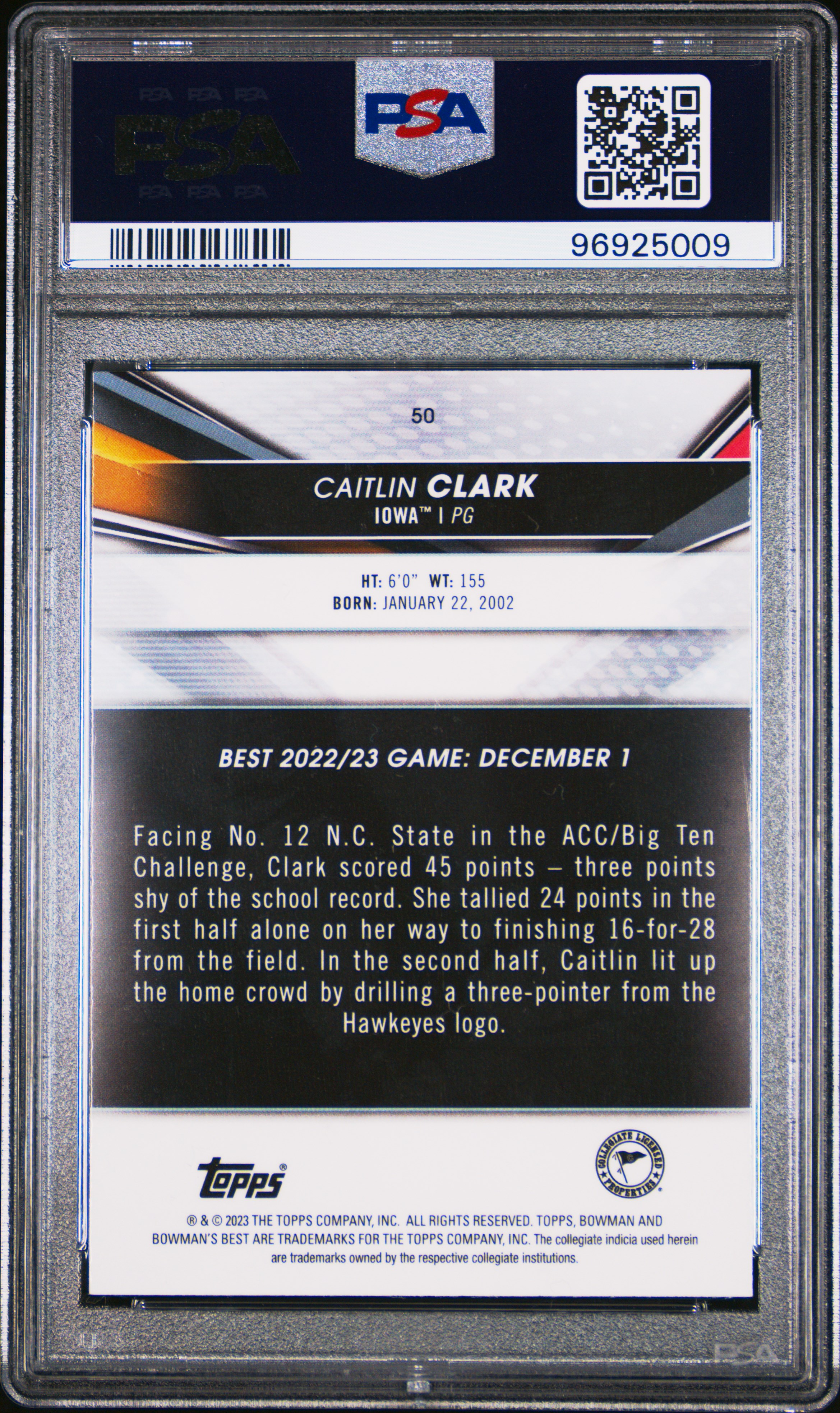 2022 Bowman University Best Caitlin Clark #50 Gem Mt 10 back