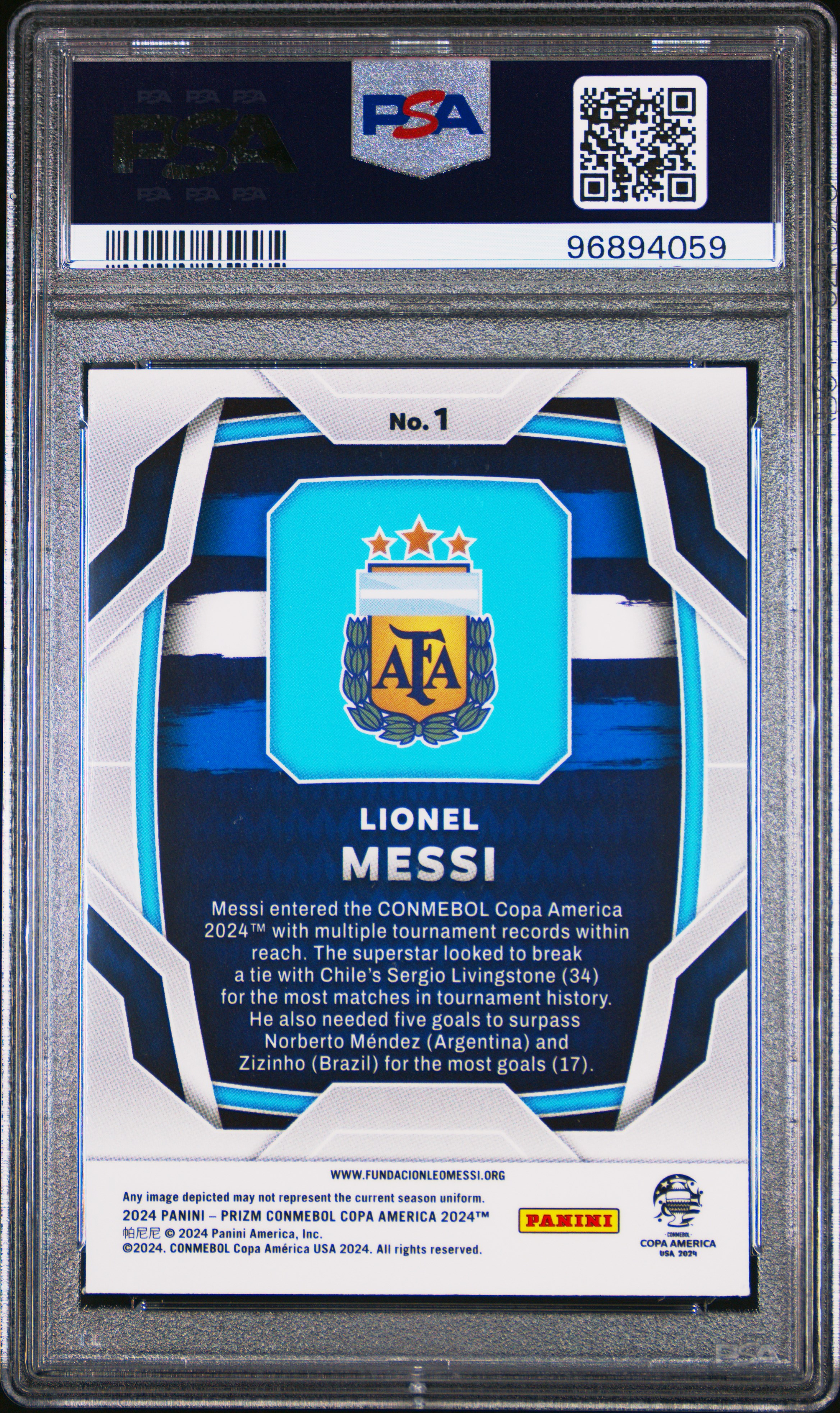 2024 Panini Prizm Conmebol Copa America Lionel Messi #1 Gem Mt 10 back