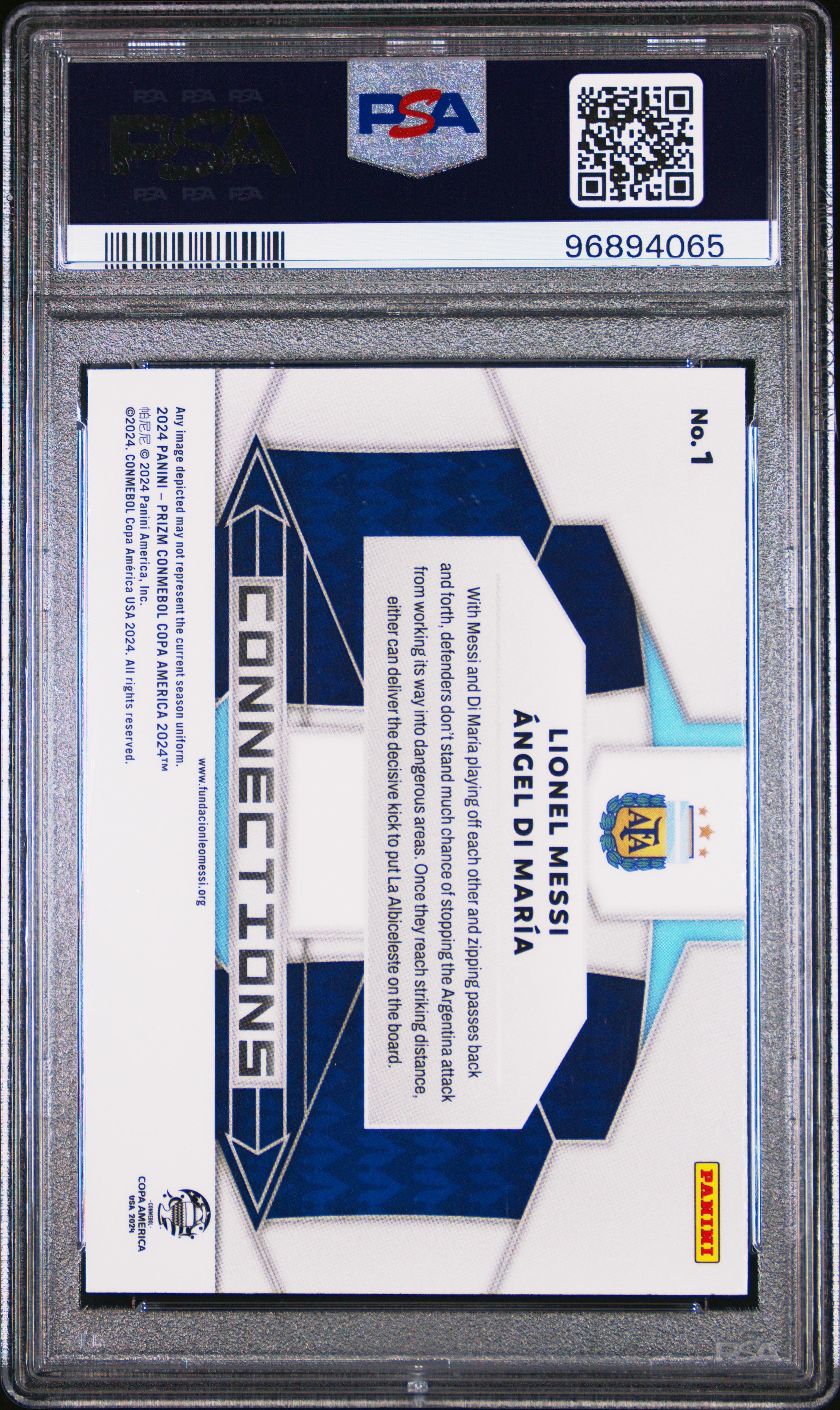 2024 Panini Prizm Conmebol Copa America Connections Messi/Di Maria #1 Gem Mt 10 back
