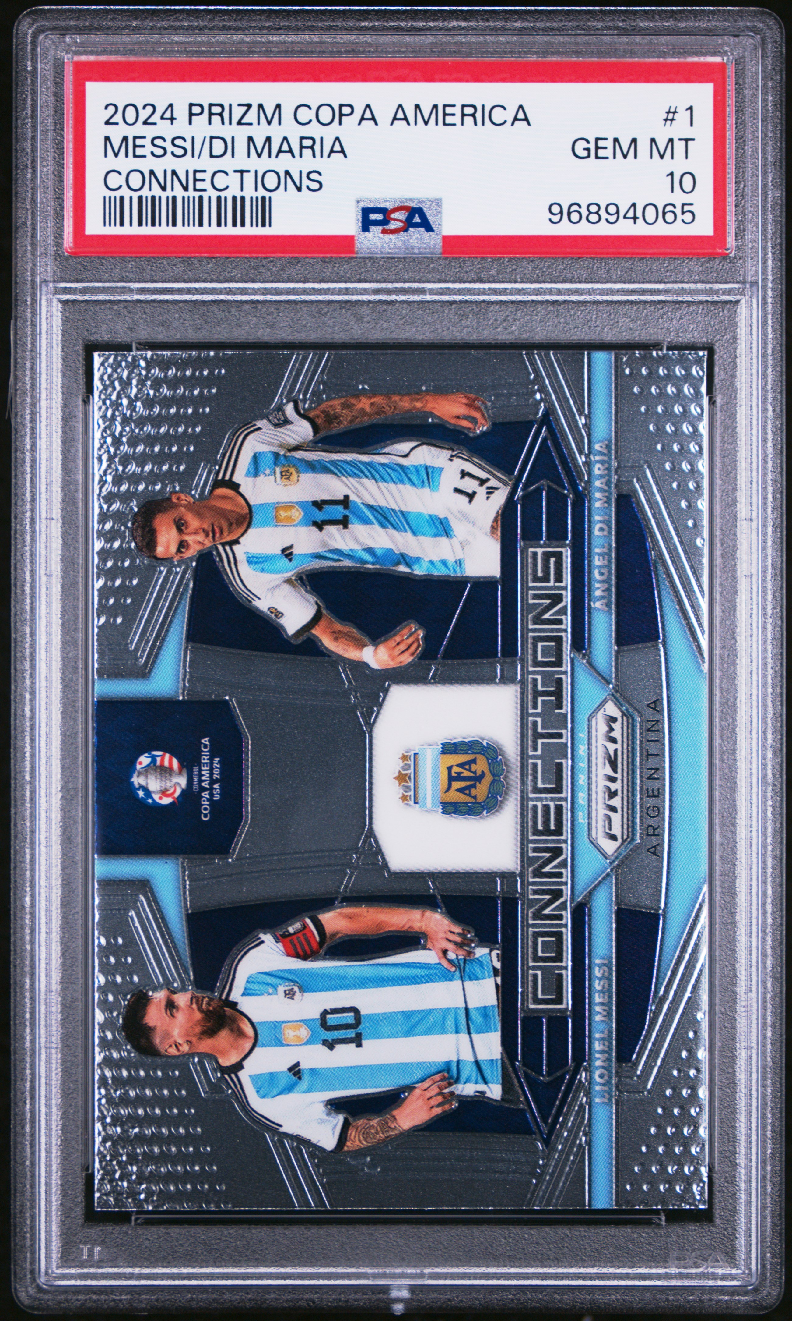 2024 Panini Prizm Conmebol Copa America Connections Messi/Di Maria #1 Gem Mt 10 front
