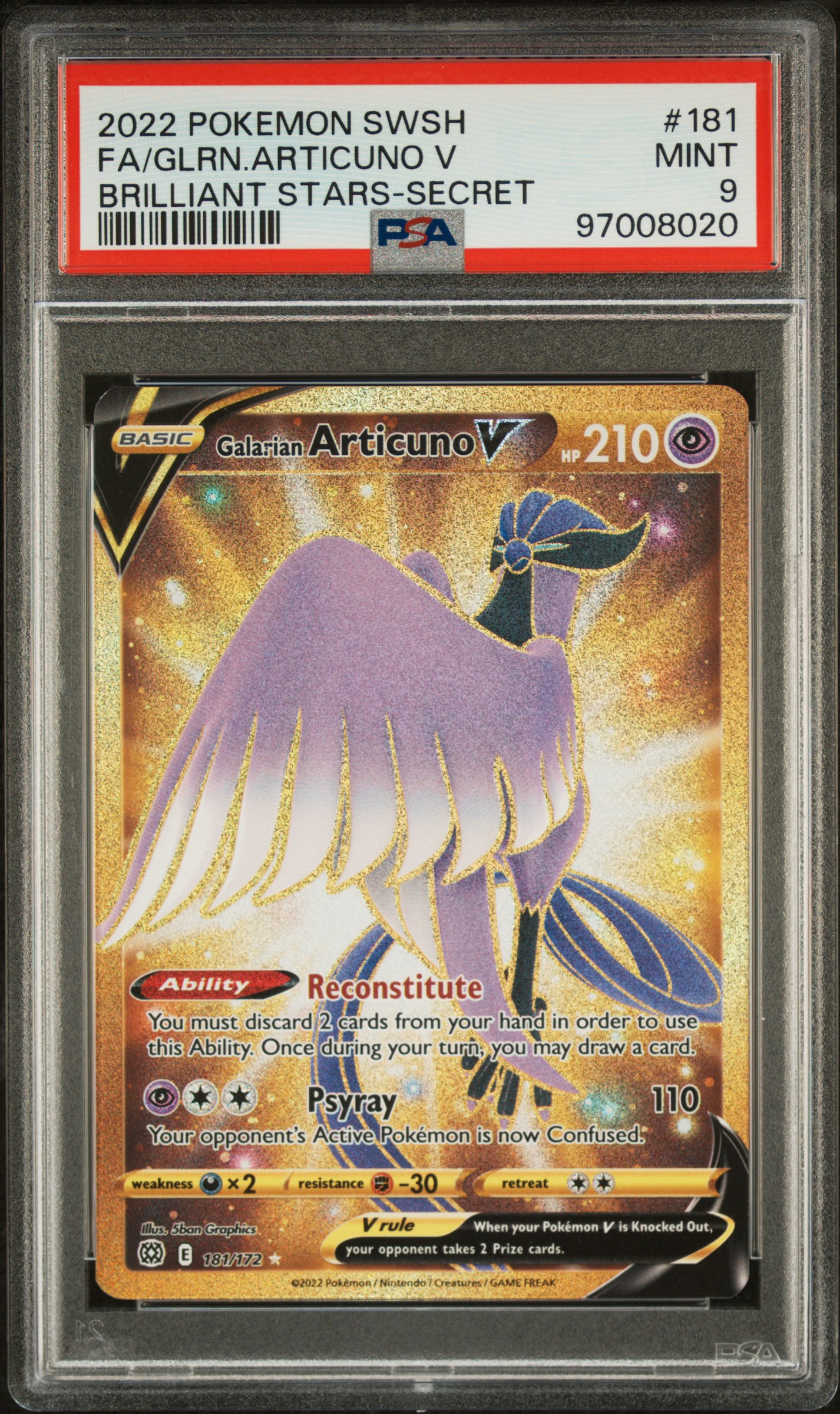 2022 #181 Full Art/Galarian Articuno V PSA 9 Sword & Shield Brilliant Stars