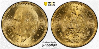 1908-M 10 Peso KM-473  Au MS65