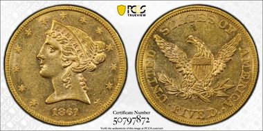 1861 $5 AU58