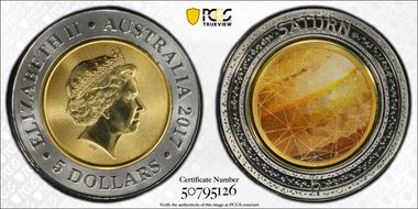 2017 $5 Planetary Coins Saturn Colorized MS69