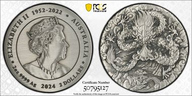 2024-P125 $2 Year of the Dragon 2oz Ag Antique Finish SP70