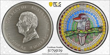 2024-P125 $2 Kookaburra Kaa Kaa 2oz Ag  Colorized Antique Finish SP70