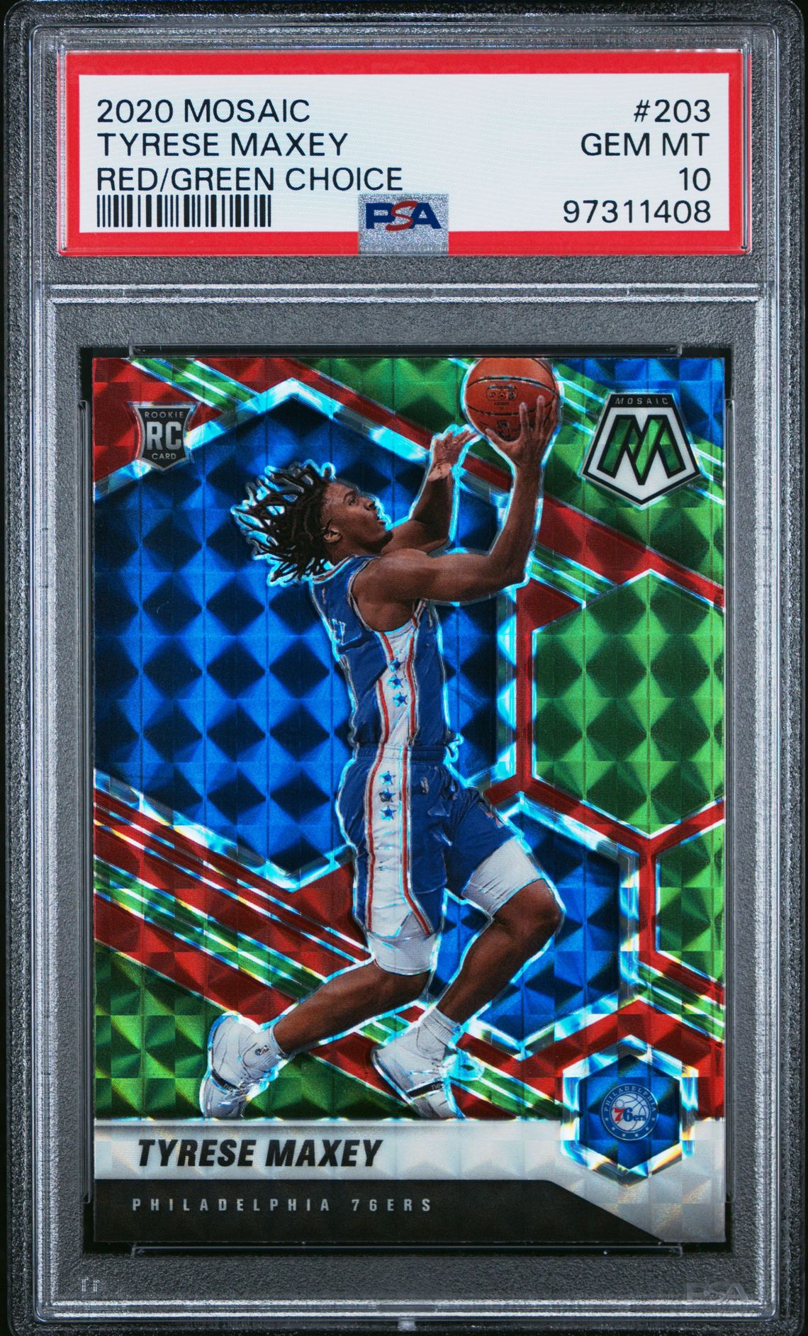 2020 Panini Mosaic Tyrese Maxey #203 (Red/Green Choice) Gem Mt 10 front