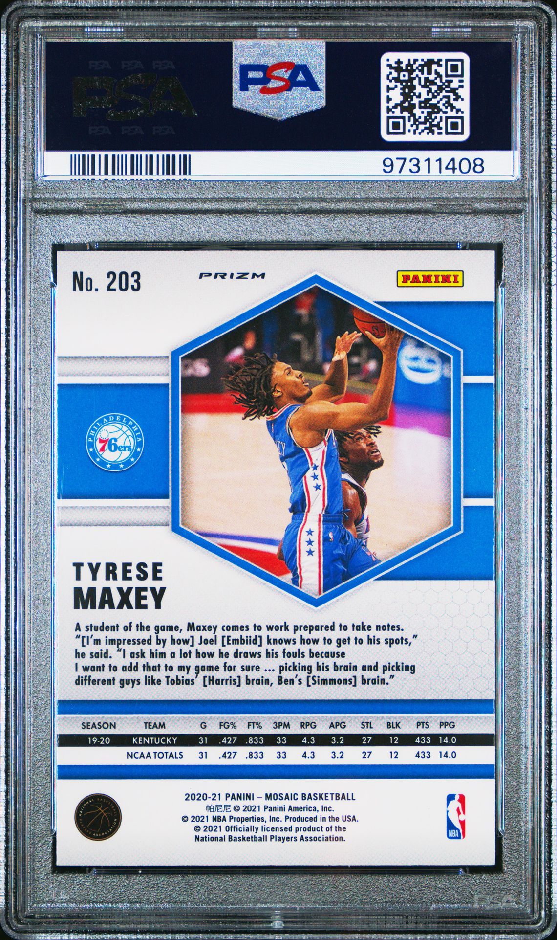 2020 Panini Mosaic Tyrese Maxey #203 (Red/Green Choice) Gem Mt 10 back