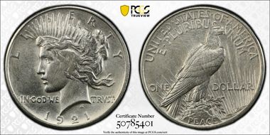 1921 $1 High Relief, Peace N1