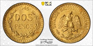 1945-Mo 2 Peso KM-461  Au MS63