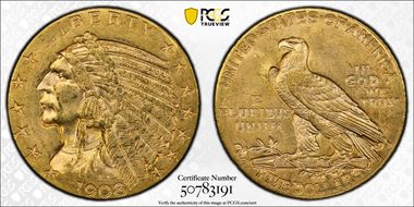1908-D $5 MS62