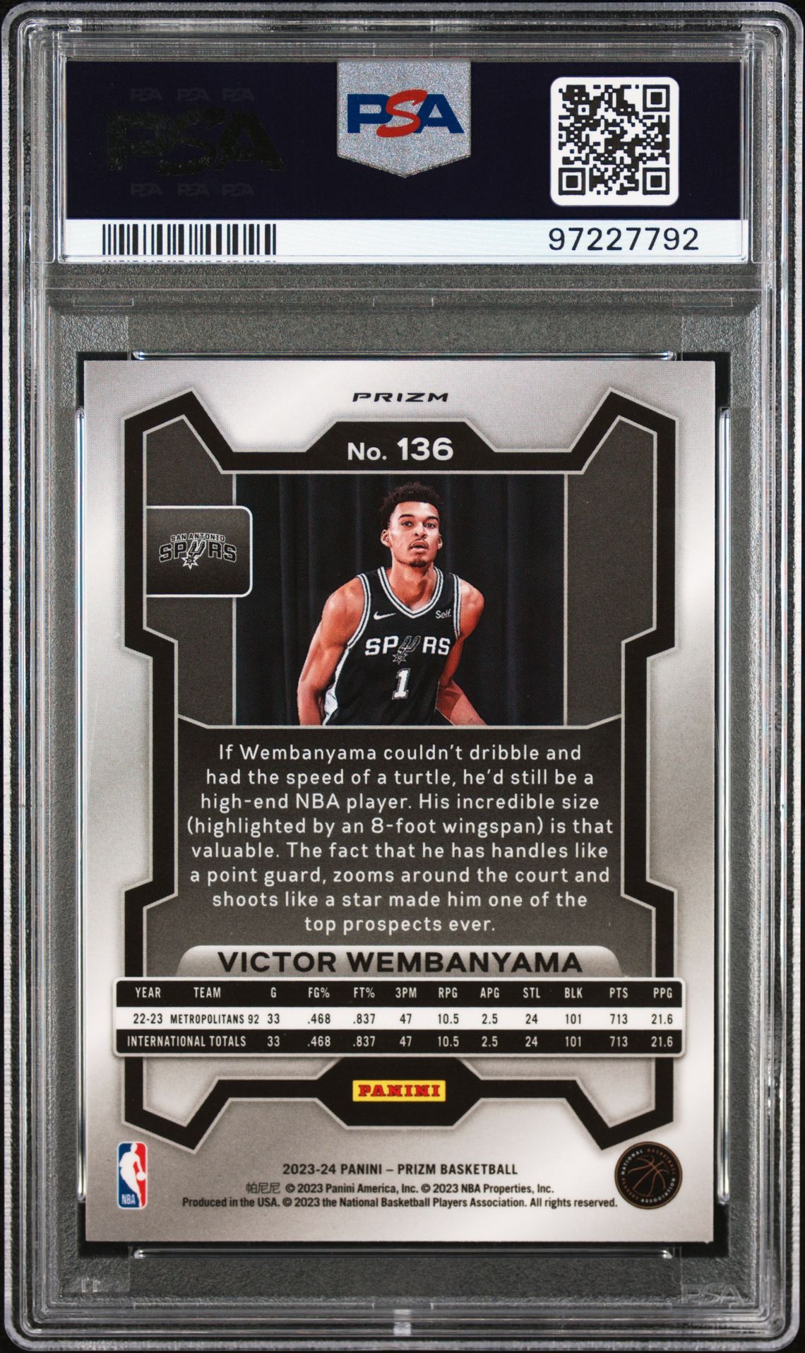 2023 Panini Prizm Victor Wembanyama #136 (Green Prizm) Gem Mt 10 back