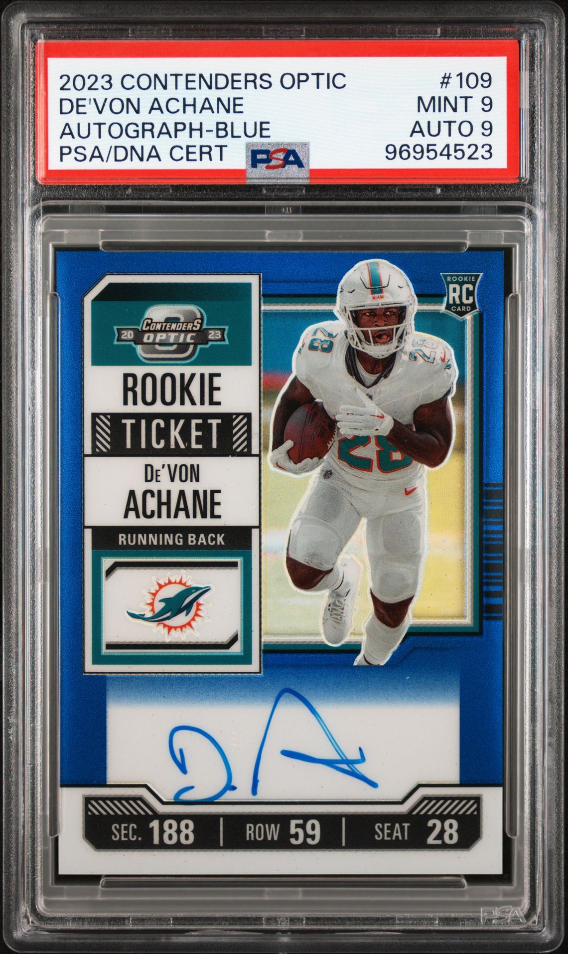 2023 Panini PANINI CONTENDERS OPTIC AUTOGRAPH-BLUE #109 De'Von Achane front