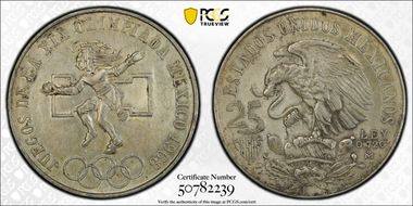 1968-Mo 25 Peso Olympic KM-479.1 Rings Align, Straight Tongue N1