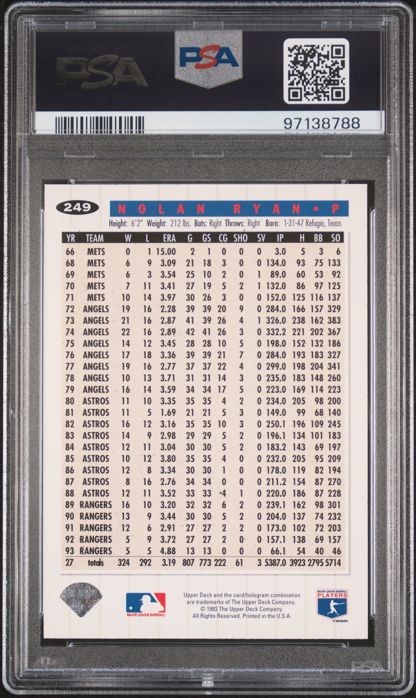 1994 Collector's Choice Nolan Ryan #249 (Gold Signature) Ex-Mt 6 back