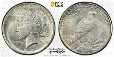 1921 $1 High Relief, Peace AU58