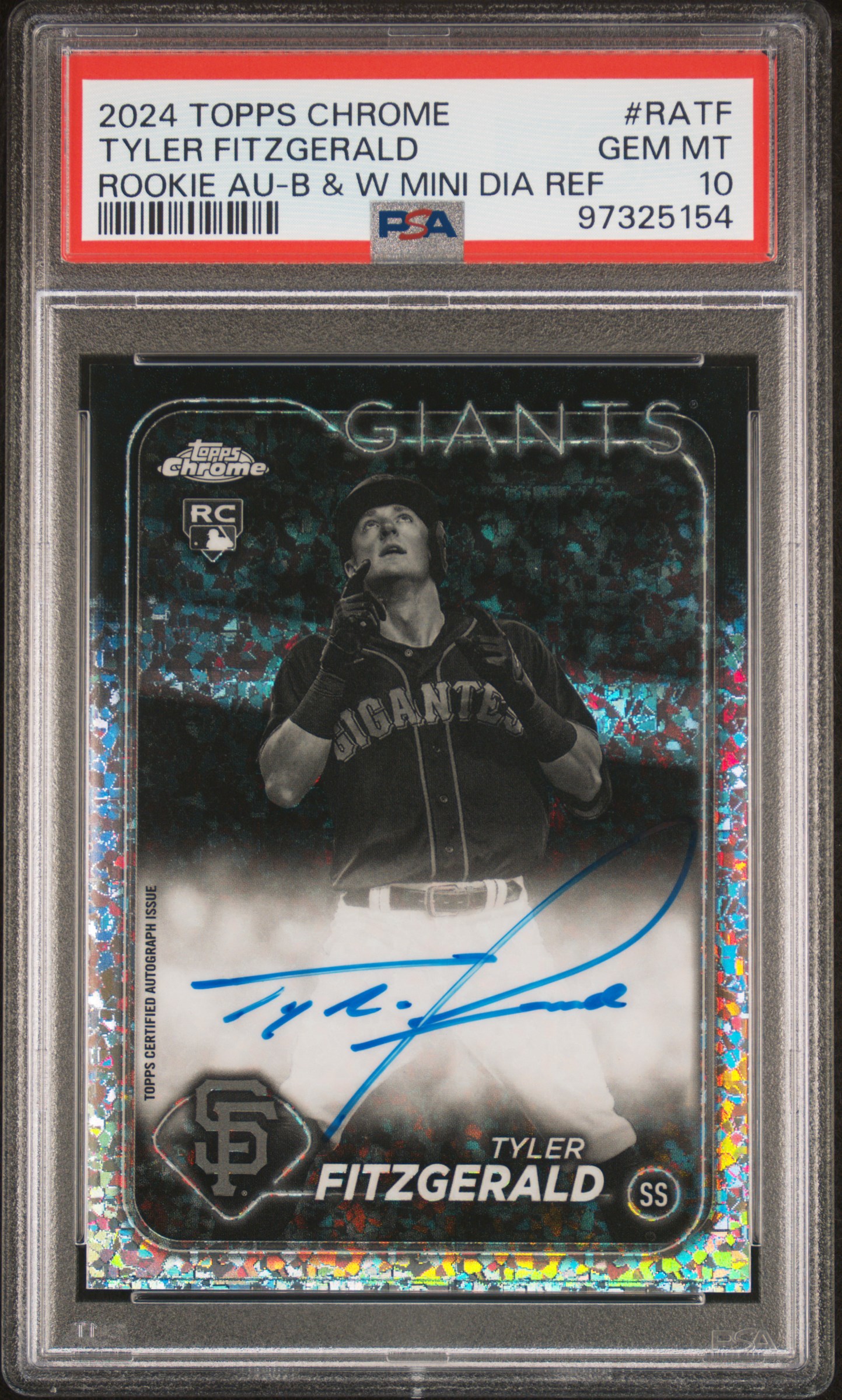 2024 Topps Chrome Rookie Autographs Tyler Fitzgerald #Ratf (Rookie Au-B&W Mini Dia Ref) Gem Mt 10 front
