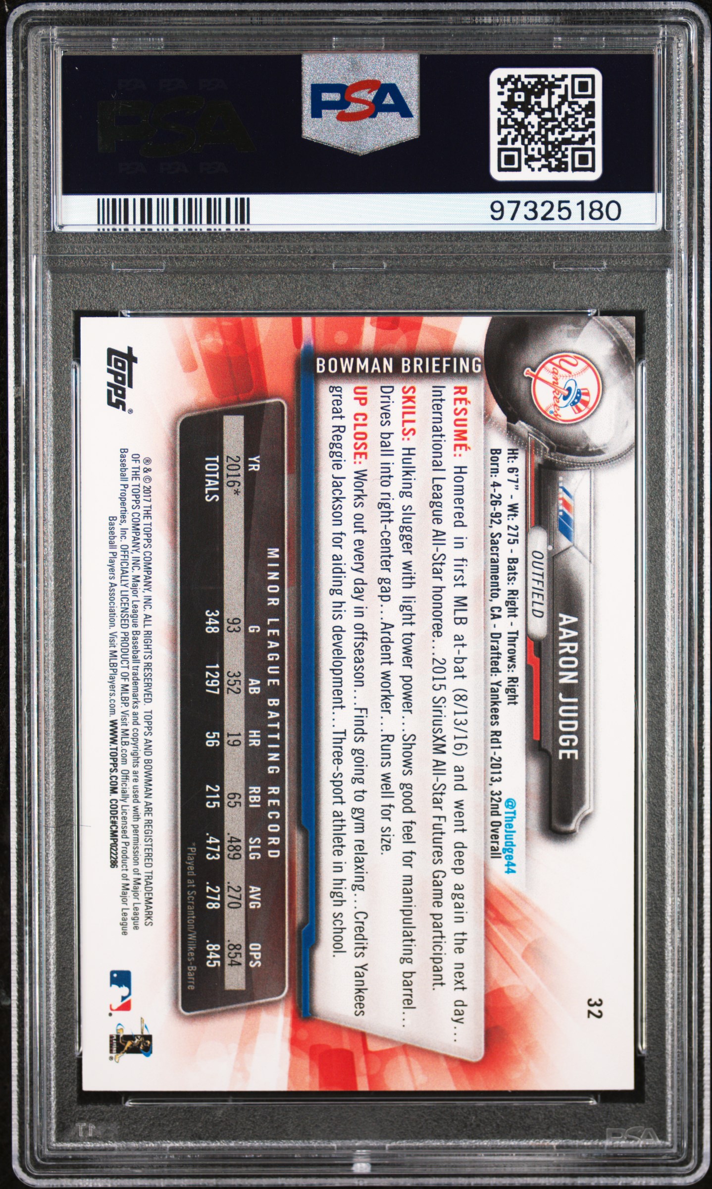 2017 Bowman Aaron Judge #32 Mint 9 back