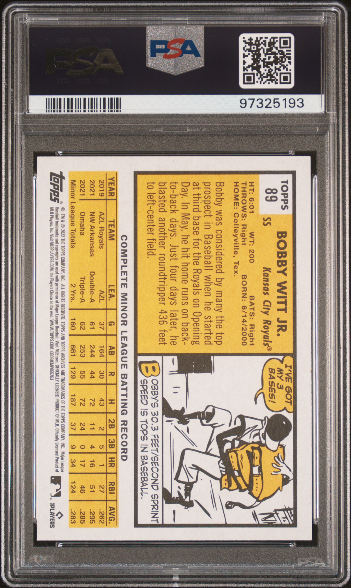 2022 Topps Archives Bobby Witt Jr. #89 Gem Mt 10 back