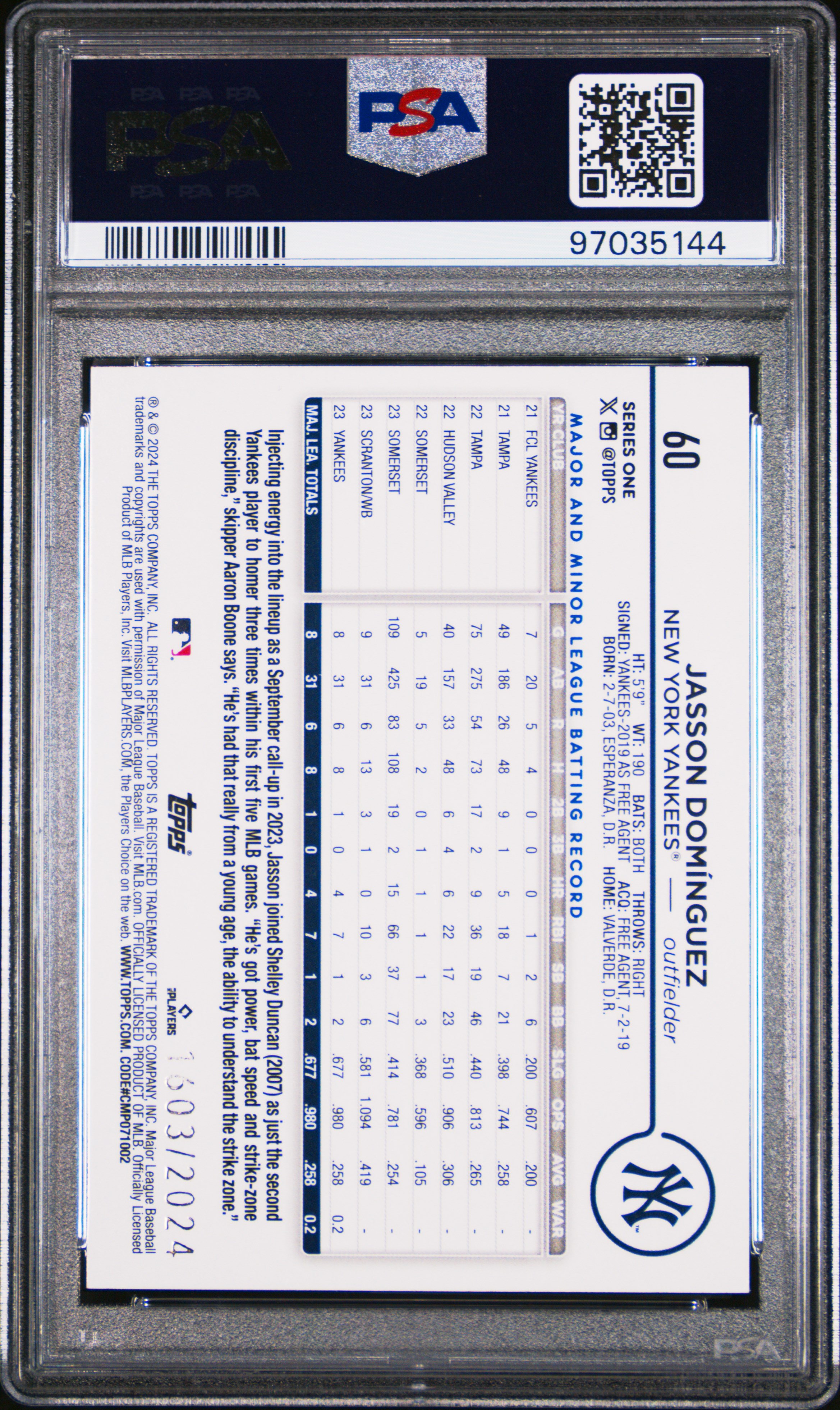 2024 Topps Jasson Dominguez #60 (Gold) Gem Mt 10 back