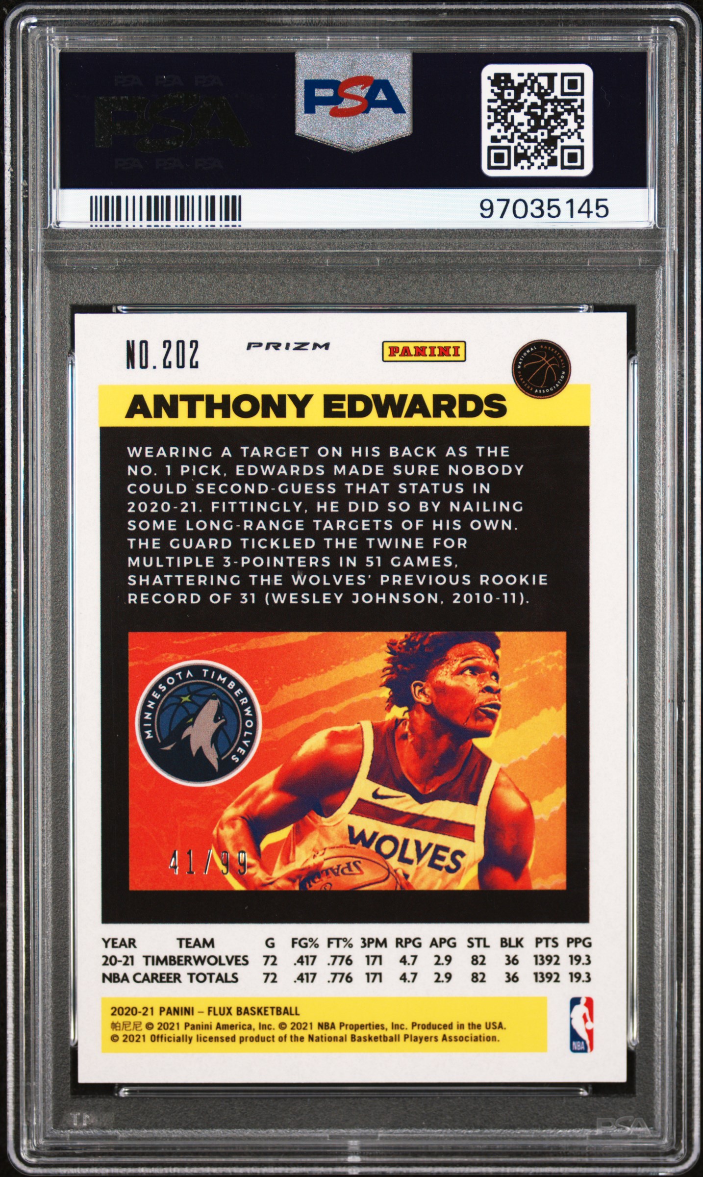 2020 Panini Flux Anthony Edwards #202 (Blue) Gem Mt 10 back