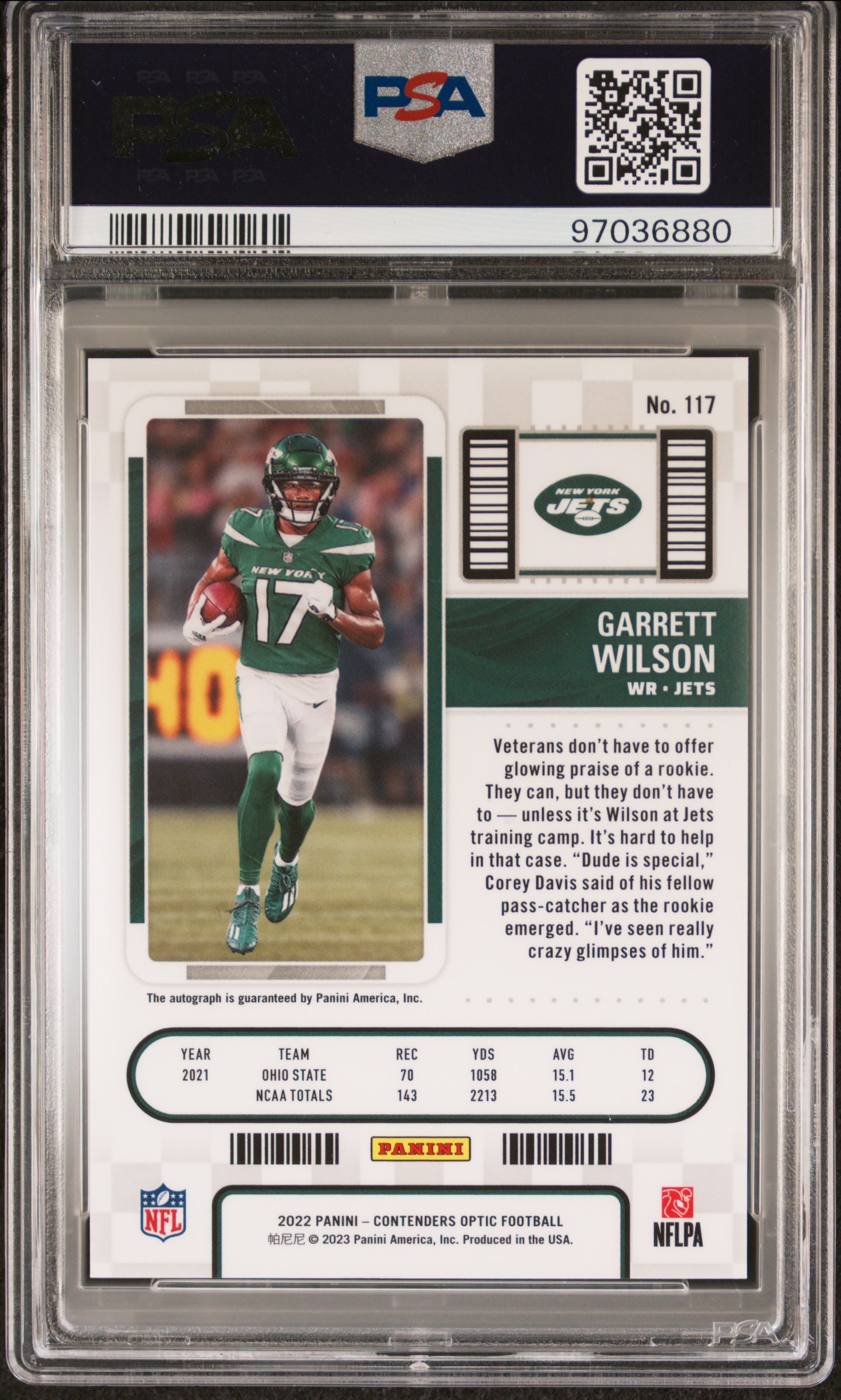 2022 Panini Contenders Optic Garrett Wilson #117 (Autograph) Gem Mt 10 back
