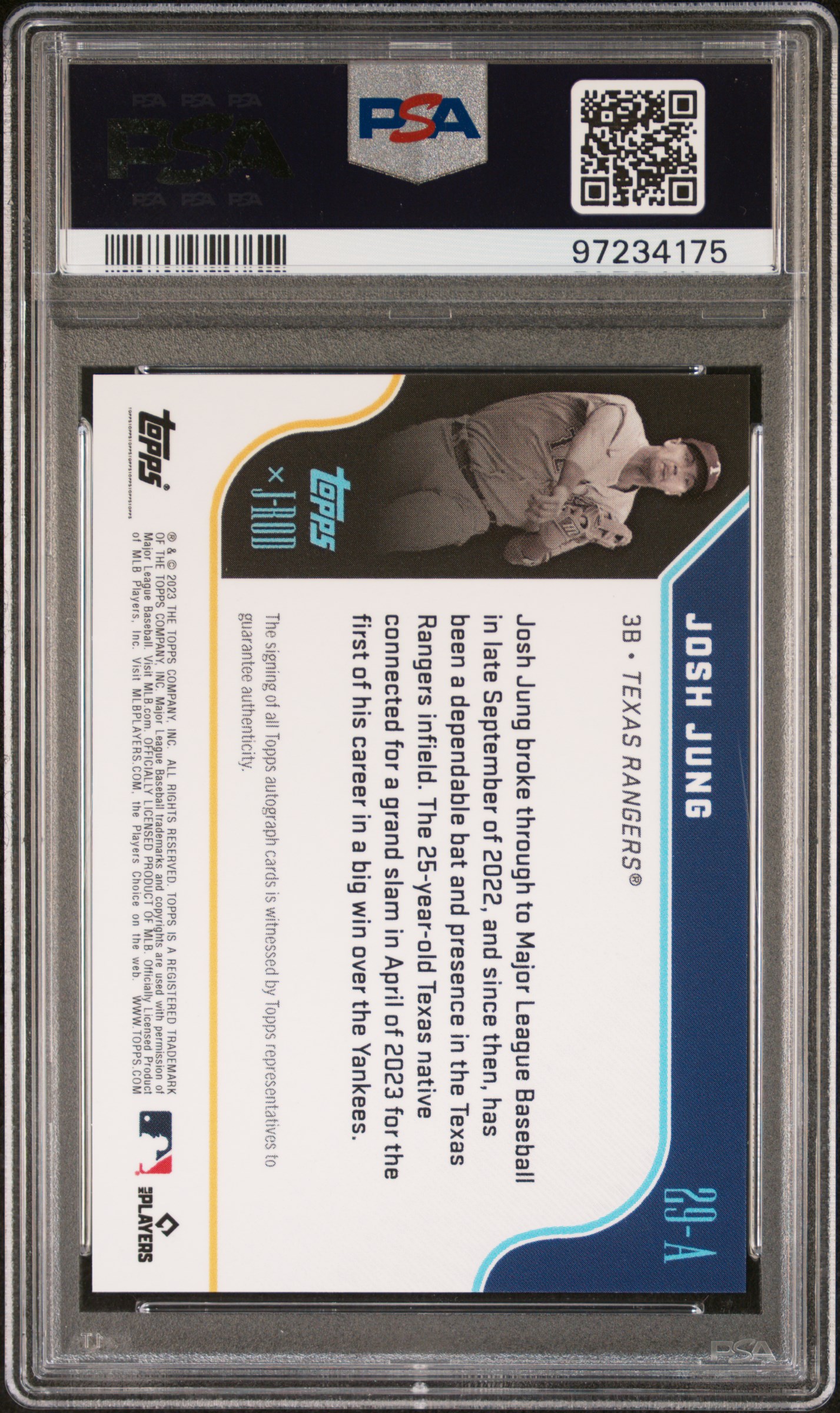 2023 Topps X Julio Rodriguez Show Out Collection Josh Jung #29A (Autograph-Rainbow) Gem Mt 10 back