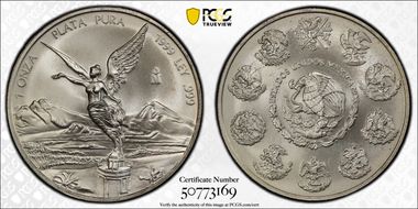 (2000)/1999-Mo Onza Libertad Ag Mule with 1999 Rev MS66