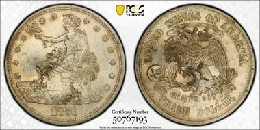 1876 T$1 Chopmarked AU58