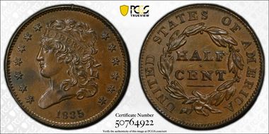 1835 1/2C AU58BN