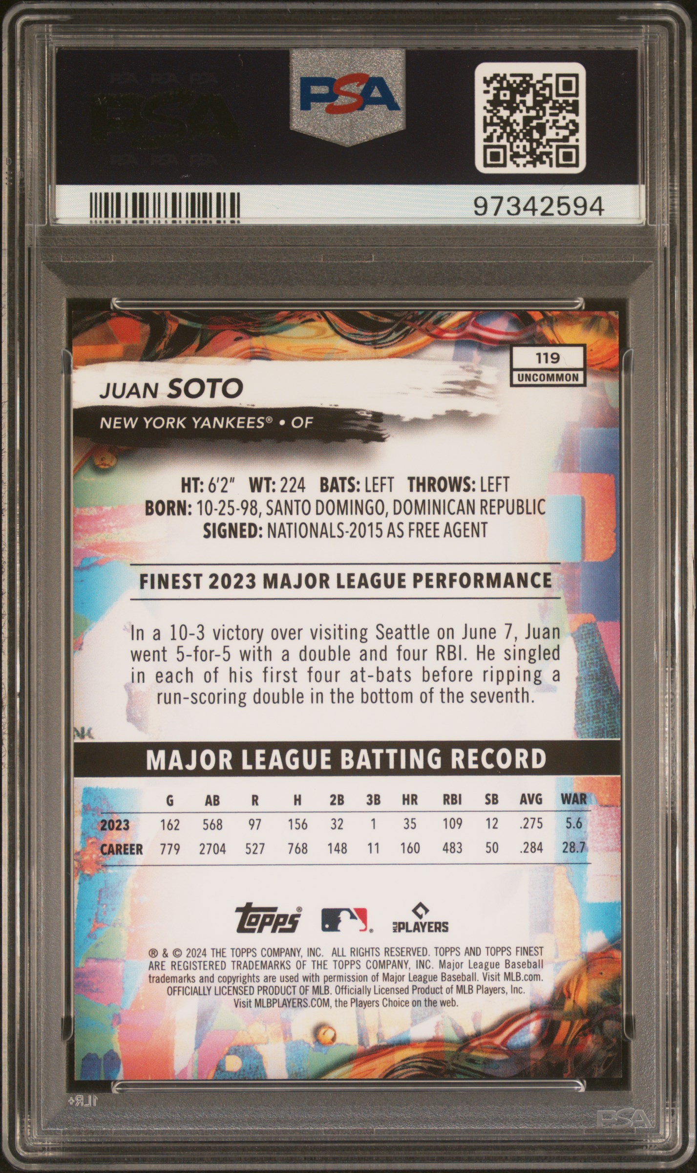 2024 Topps Finest Juan Soto #119 (Purple Refractor) Nm-Mt 8 back