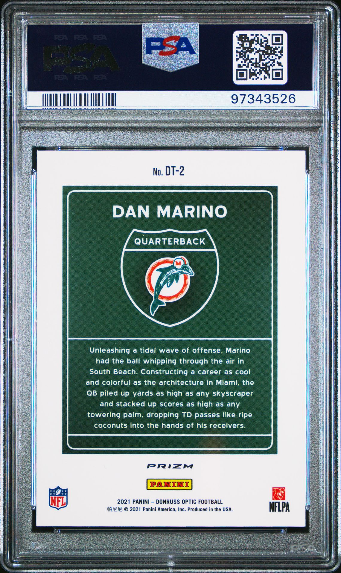2021 Panini Donruss Optic Downtown Dan Marino #Dt2 (Downtown) Gem Mt 10 back