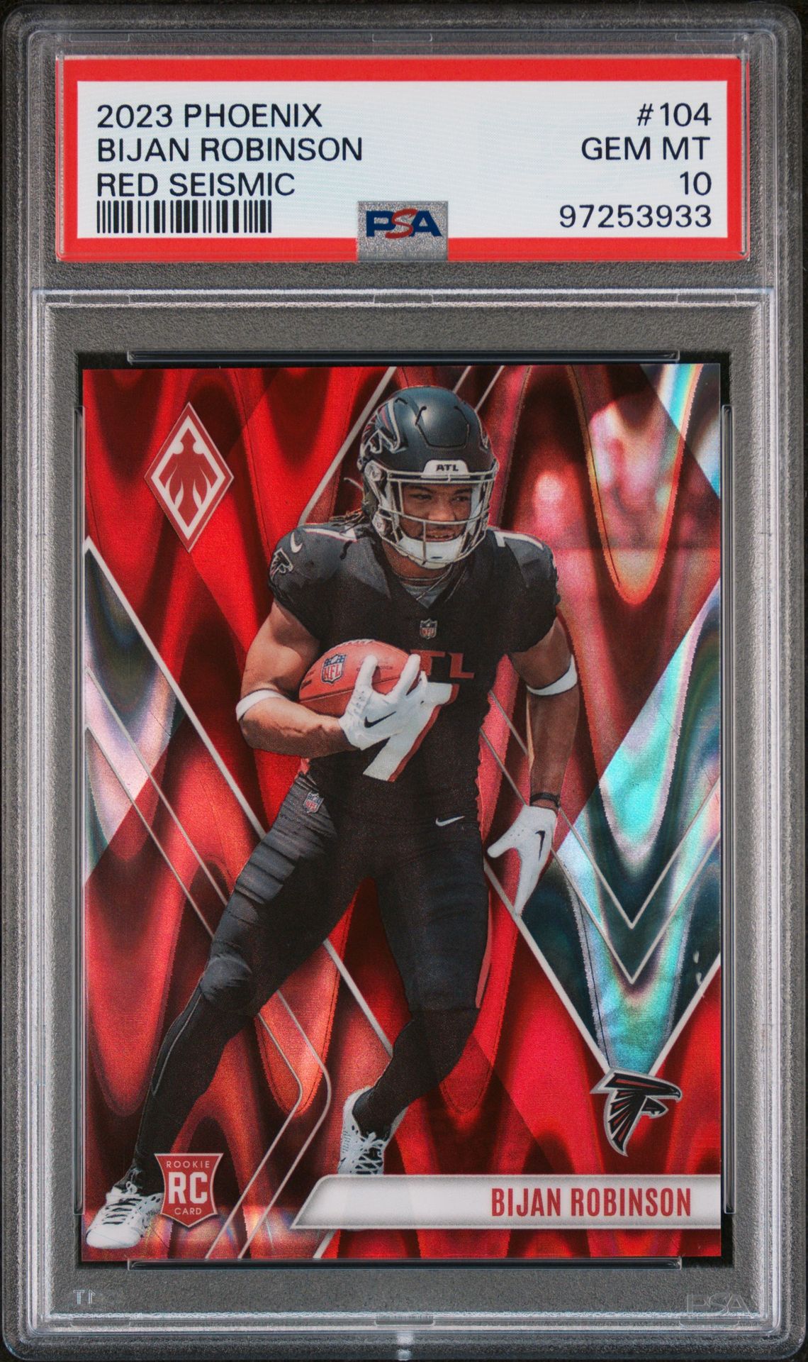 2023 Panini Phoenix Bijan Robinson #104 (Red Seismic) Gem Mt 10 front view - PSA graded GEM MT 10