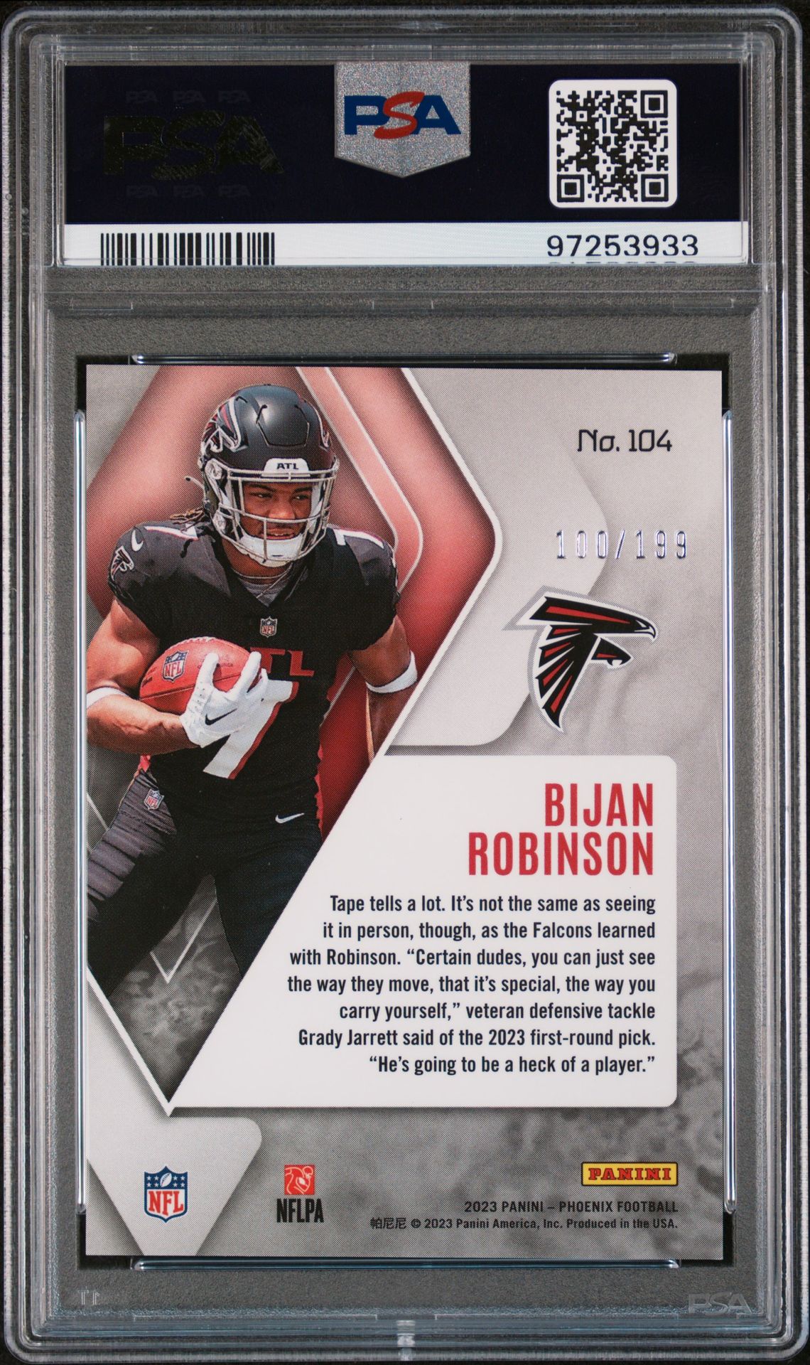 2023 Panini Phoenix Bijan Robinson #104 (Red Seismic) Gem Mt 10 back view - PSA certificate #97253933