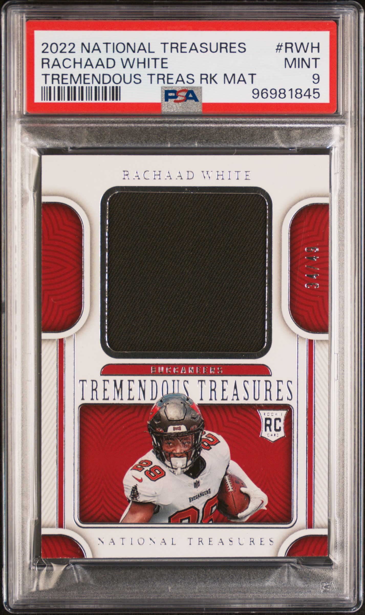 2022 Panini National Treasures Tremendous Treasures Rookies Material Rachaad White #Rwh (Tremendous Treas Rk Mat) Mint 9 front