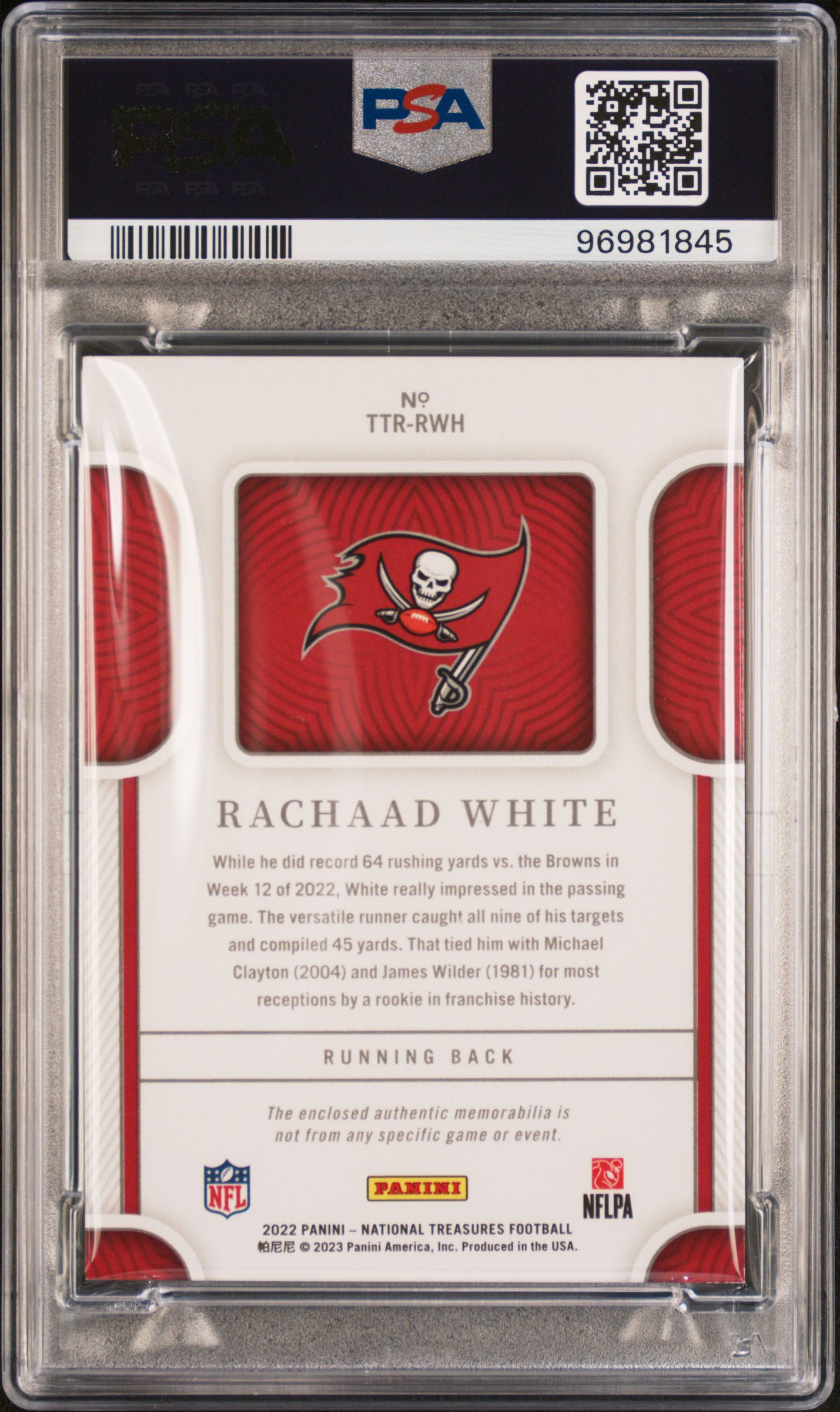 2022 Panini National Treasures Tremendous Treasures Rookies Material Rachaad White #Rwh (Tremendous Treas Rk Mat) Mint 9 back