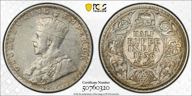 1936(B) 1/2 Rup SW-8.126 AU50